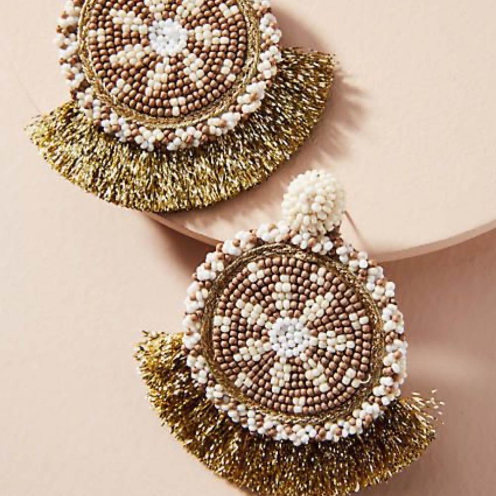 NWT Olivia Dar Gold and Cream Statement Earrings with Intricate Beaded Design